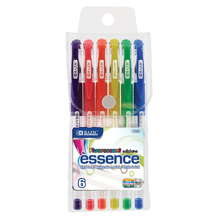 24 Wholesale 6 Fluorescent Color Essence Gel Pen W/ Cushion Grip