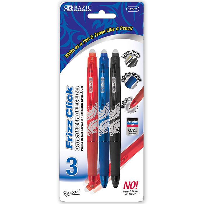 24 Wholesale Frizz Assorted Color Erasable Gel Retractable Pen With Grip (3/pack)