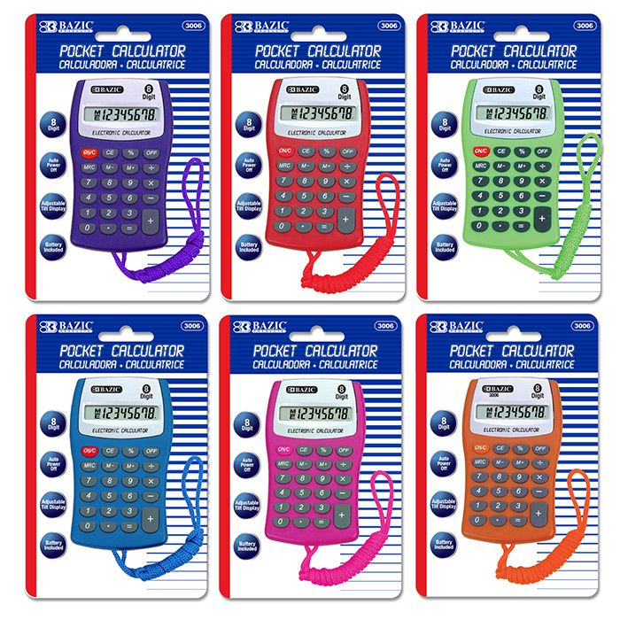 24 Wholesale 8-Digit Pocket Size Calculator W/ Neck String
