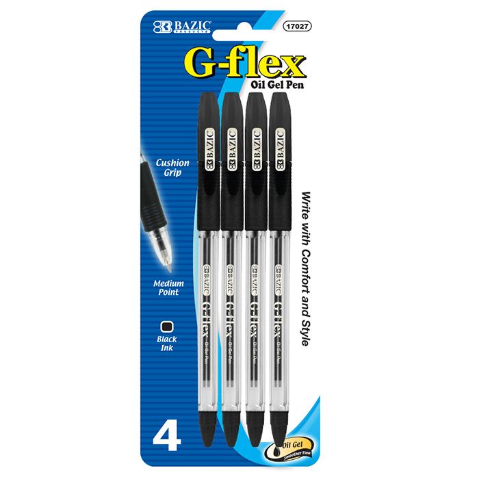 24 Wholesale G-Flex Black OiL-Gel Ink Pen W/ Cushion Grip (4/pack)