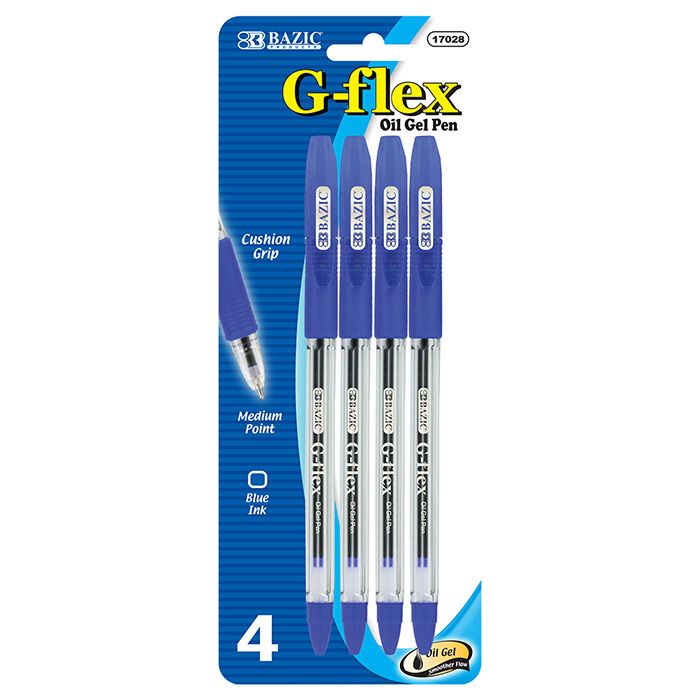 24 Wholesale G-Flex Blue OiL-Gel Ink Pen W/ Cushion Grip (4/pack)