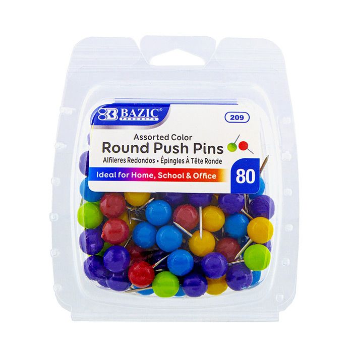24 Bulk Assorted Color Round Push Pins (80/pack)