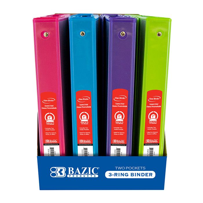 24 Wholesale 1" Asst. Neon Color 3-Ring View Binder W/ 2-Pockets