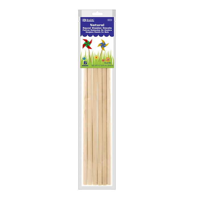 24 pieces of 3/8" X 12" Round Natural Wooden Dowel (6/bag)