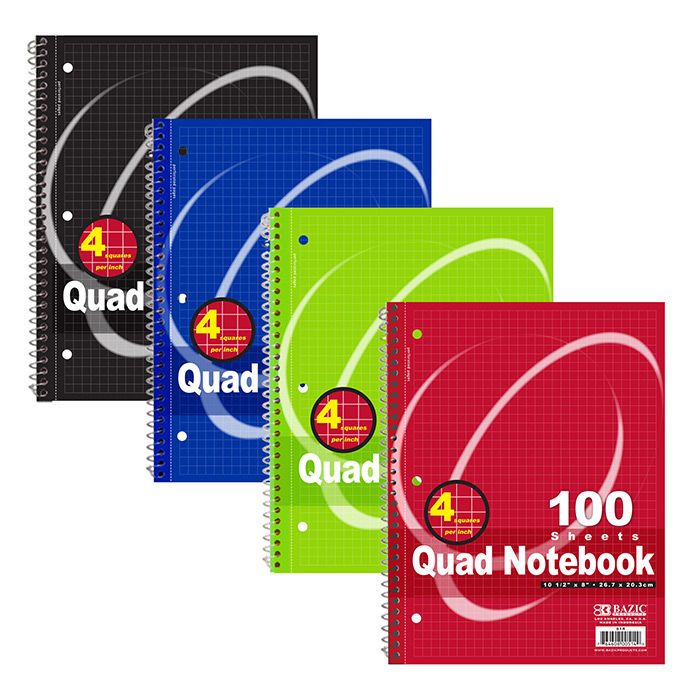 24 Wholesale 100 Ct. QuaD-Ruled 4-1" Spiral Notebook