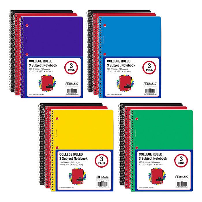8 Wholesale C/r 120 Ct. 3-Subject Spiral Notebook (3/pack)