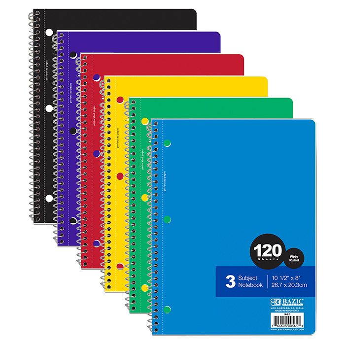 24 Wholesale W/r 120 Ct. 3-Subject Spiral Notebook