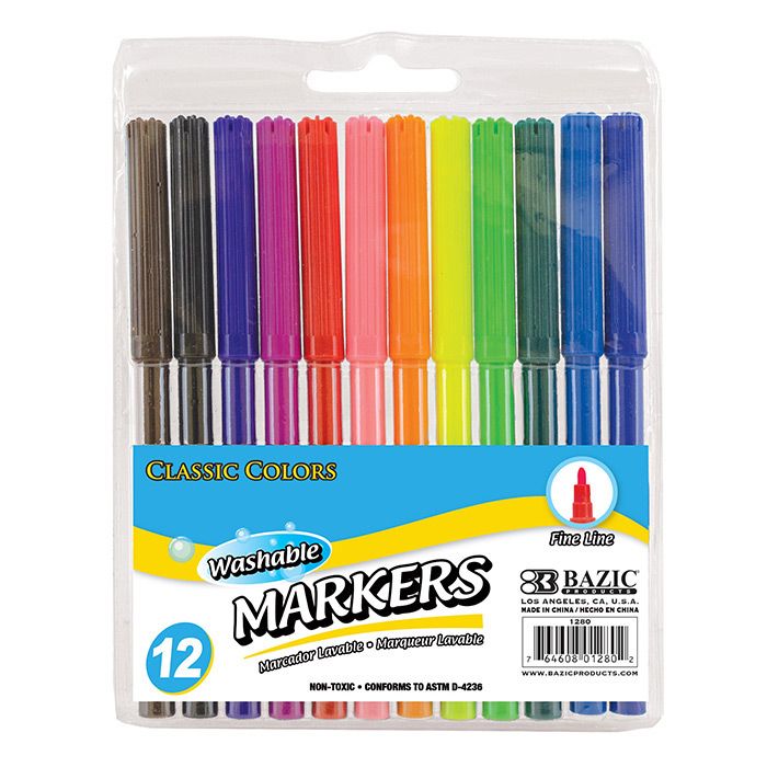 24 Wholesale 12 Classic Colors Fine Line Washable Markers