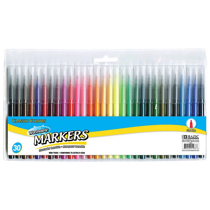 BAZIC 12 Classic Colors Fine Line Washable Markers Bazic Products