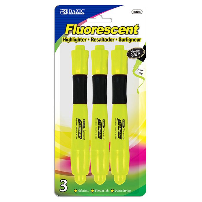 24 pieces of Yellow Desk Style Fluorescent Highlighter W/ Cushion Grip (3/pack)