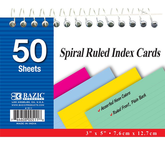 36 pieces of 50 Ct. Spiral Bound 3" X 5" Ruled Colored Index Card