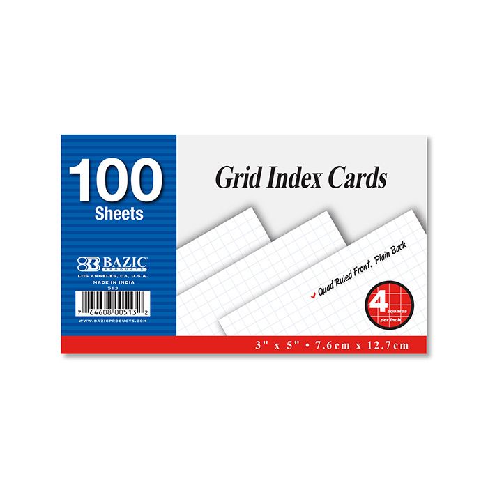 36 pieces of 100 Ct. 3" X 5" Quad Ruled 4-1" White Index Card
