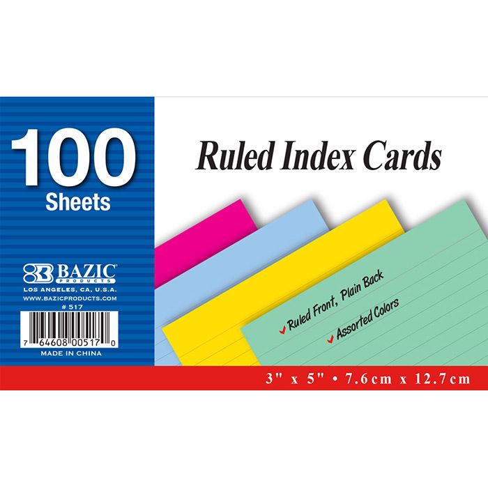 36 pieces of 100 Ct. 3" X 5" Ruled Colored Index Card