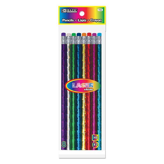 24 Wholesale Metallic Laser Foil Wood Pencil W/ Eraser (8/pack)