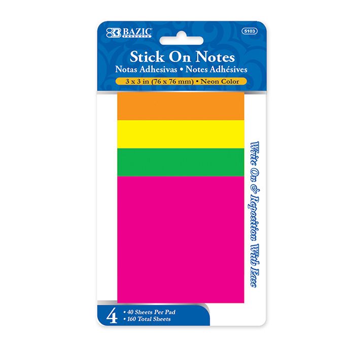 24 pieces of 40 Ct. 3" X 3" Neon Stick On Notes (4/pack)