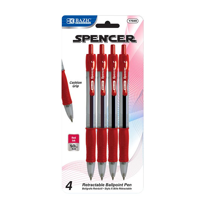 24 Wholesale Spencer Red Retractable Pen W/ Cushion Grip (4/pack)