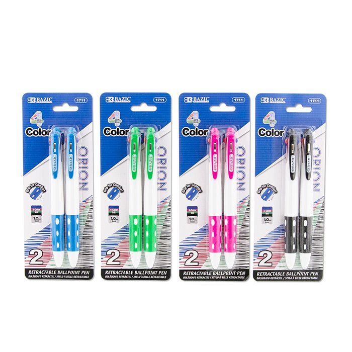 24 Wholesale Orion White Top 4-Color Pen W/ Cushion Grip (2/pack)