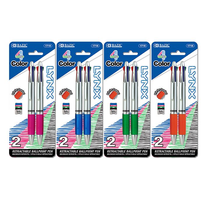 24 Wholesale Silver Top 4-Color Pen W/ Cushion Grip (2/pack)