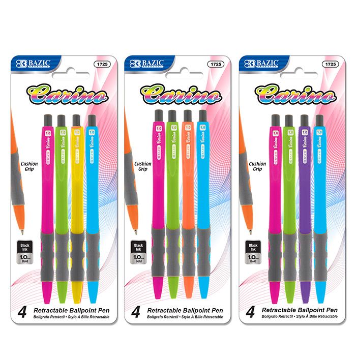 24 Wholesale Carino Retractable Pen W/ Cushion Grip (4/pack)