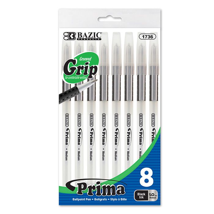 24 Wholesale Prima Black Stick Pen W/ Cushion Grip (8/pack)