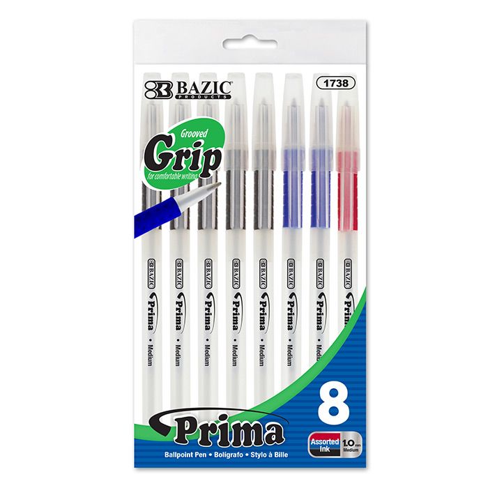 24 Wholesale Prima Assorted Color Stick Pen W/ Cushion Grip (8/pack)
