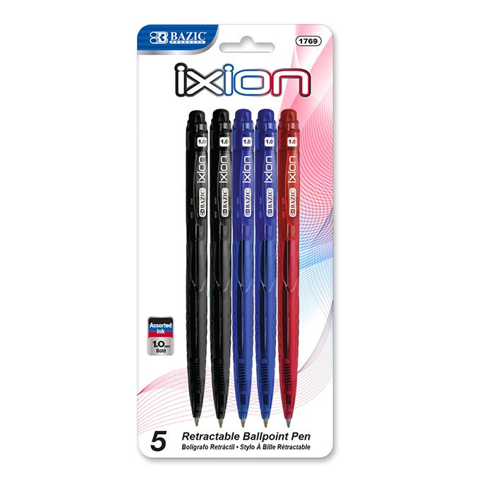 24 Wholesale Ixion Assorted Color Retractable Pen (5/pack)