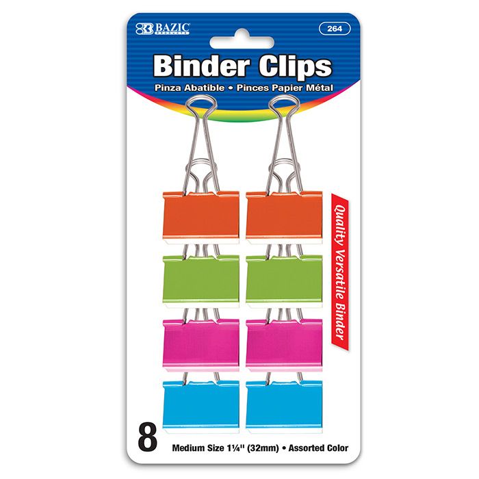 24 Wholesale Medium 1 1/4" (32mm) Assorted Color Binder Clip (8/pack)