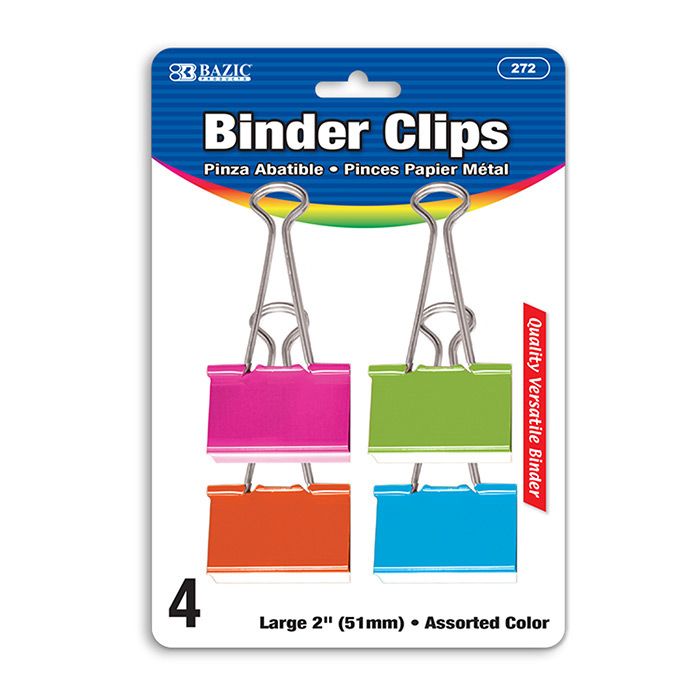 24 Wholesale Large 2" (51mm) Assorted Color Binder Clip (4/pack)