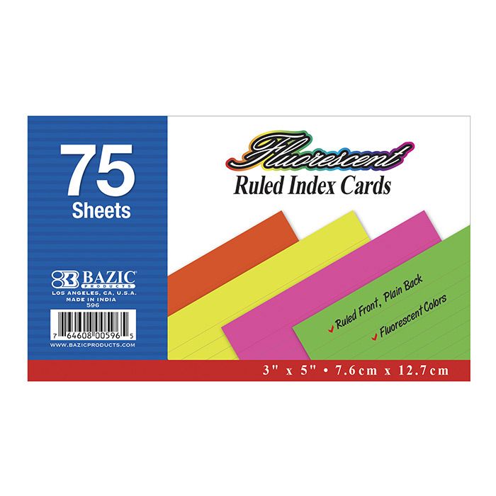 36 pieces of 75 Ct. 3" X 5" Ruled Fluorescent Colored Index Card