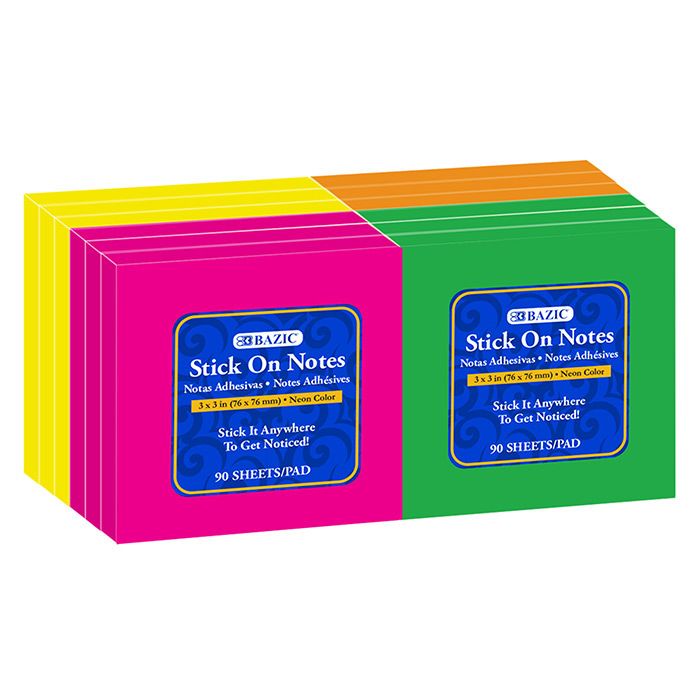 12 Wholesale 90 Ct. 3" X 3" Neon Stick On Notes (12/shrink)
