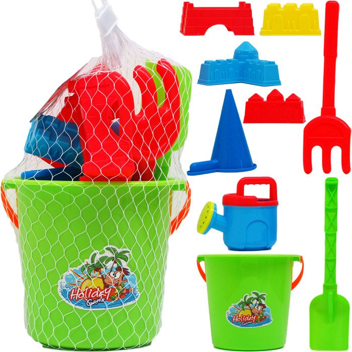 12 Pieces of 6" Beach Toy Bucket W/ 8pc Acss In Pegable Net Bag