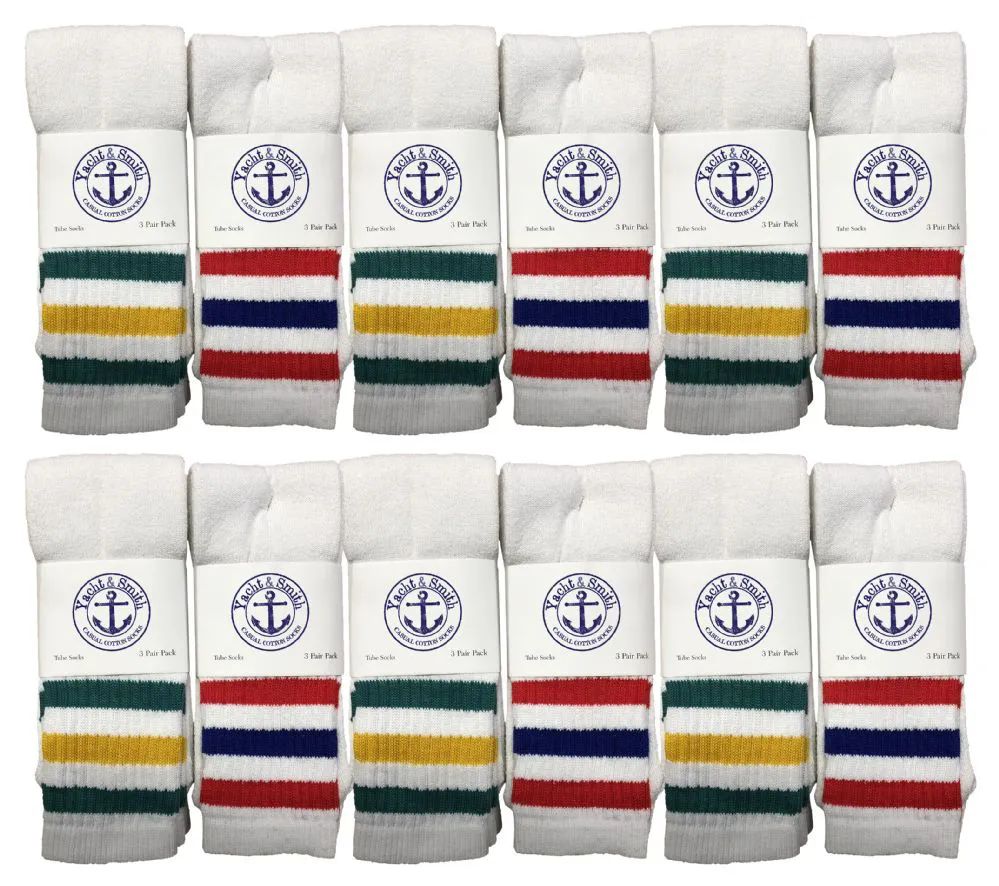 36 Wholesale Yacht & Smith King Size Men's Cotton Extra Long Striped Tube SockS- Size 13-16