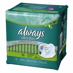 6 Pieces of Always Ultra Thin 16 Ciount Long Super Unscented Wing Size 2
