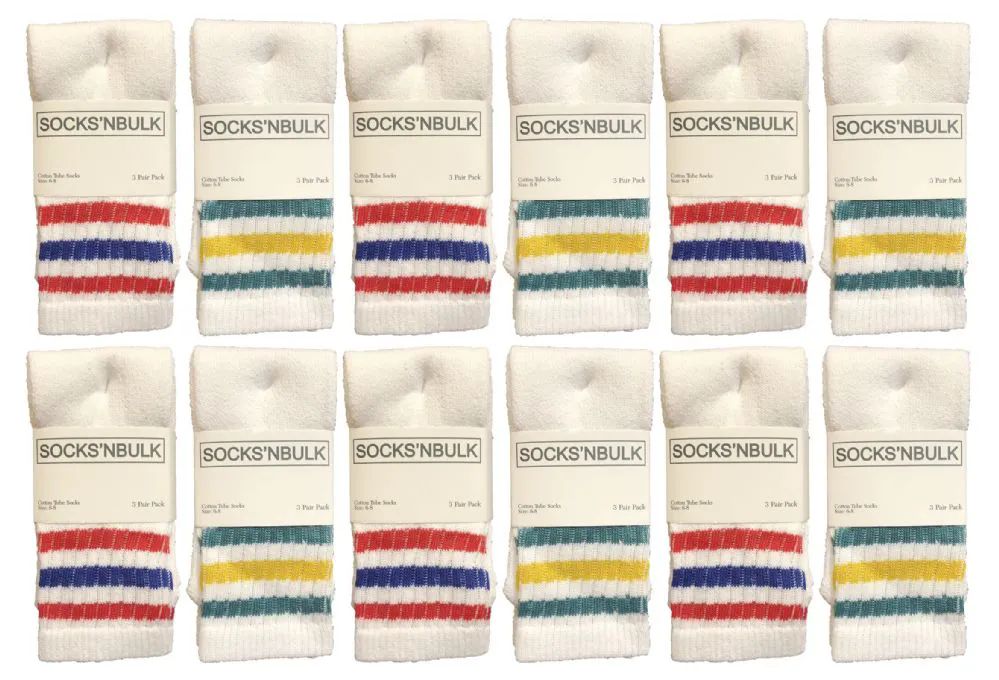60 Wholesale Yacht & Smith Kids Cotton Tube Socks Size 6-8 White With Stripes Bulk Pack
