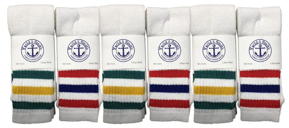 60 Wholesale Yacht & Smith Women's Cotton 26" Inch Terry Cushioned Athletic White Striped Top Tube Socks