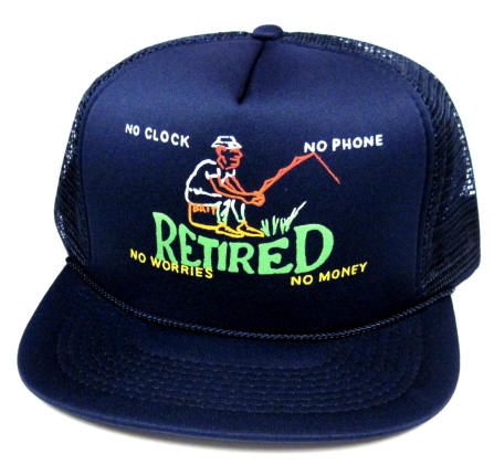 24 Wholesale Adult Mesh Back Printed Hat, "retired: No Clock, No Phone, No Worries, No Money", Assorted Colors