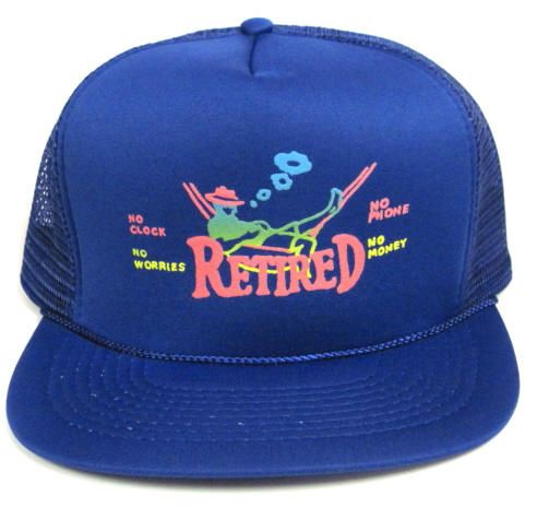 24 Wholesale Adult Mesh Back Printed Hat, "retired: No Clock, No Phone, No Worries, No Money", Assorted Colors