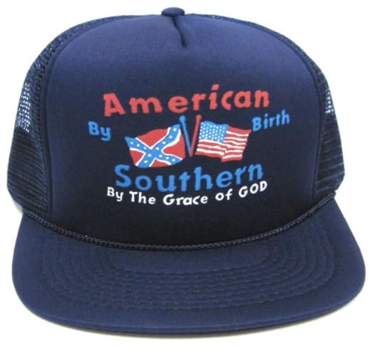 24 Wholesale Hats Adult Mesh Back Printed Hat, "american By Birth, Southern By The Grace Of God", Assorted Colors