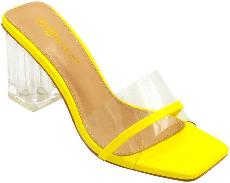 12 Wholesale Women's High Chunky Block Heels For Women Square Toe Heels Cute Slip On Mules Shoes Open Toe Pumps Sandals In Yellow