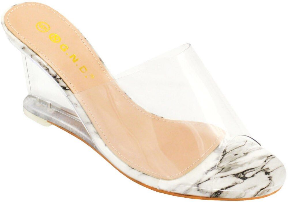 12 Wholesale Women's Clear Wedge Sandals Open Toe Slip On Mule Lucite Heel Dress Shoes In White