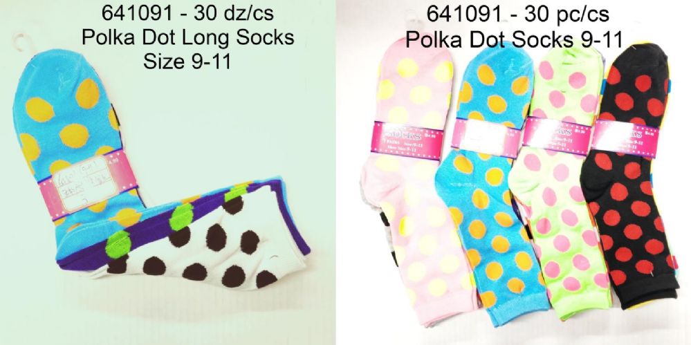 360 Pieces Polka Dot Long Sock Assorted Color Size 9 -11 - Women's Socks for Homeless and Charity