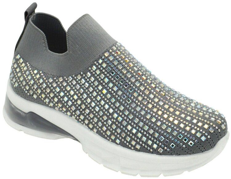 12 Wholesale Womens Sneakers Breathable Trainers Fashion Rhinestone Mesh Running Shoes Slip On Lightweight Comfortable In Grey