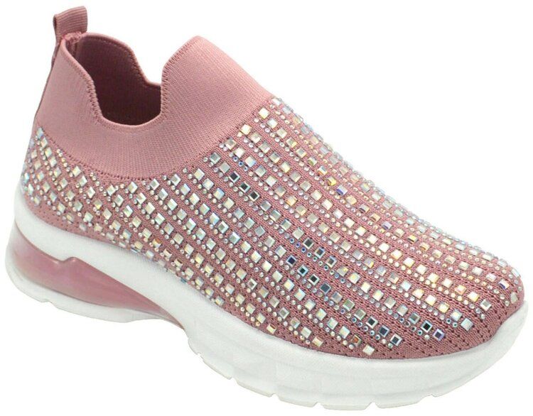12 Wholesale Womens Sneakers Breathable Trainers Fashion Rhinestone Mesh Running Shoes Slip On Lightweight Comfortable In Pink