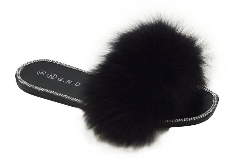 12 Wholesale Women's Fur Slides Slippers For Women Open Toe Furry Fluffy Slides Slippers In Black