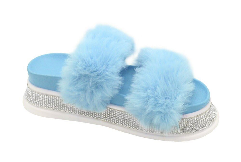 12 Wholesale Women's Fluffy Faux Fur Slippers Comfy Open Toe Two Band Slides In Blue