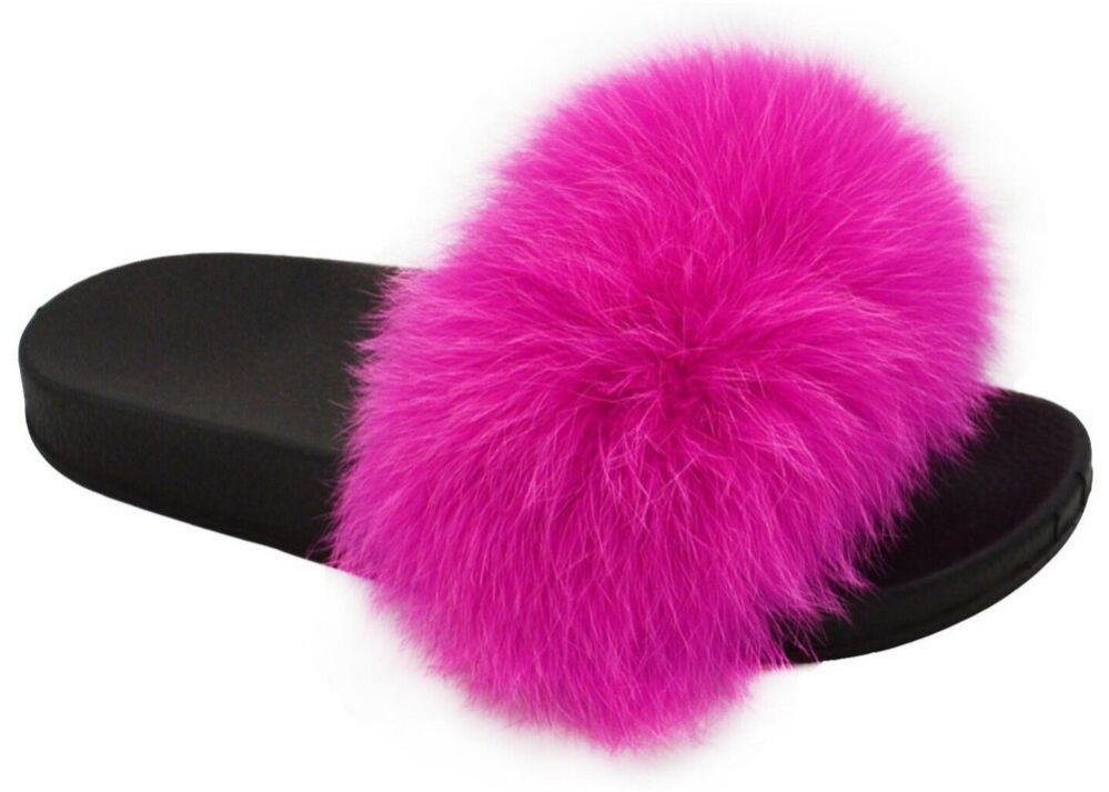 12 Wholesale Womens Sliders Plush House Slippers Flat Sandals Fuzzy Open Toe Slippers In Fuschia