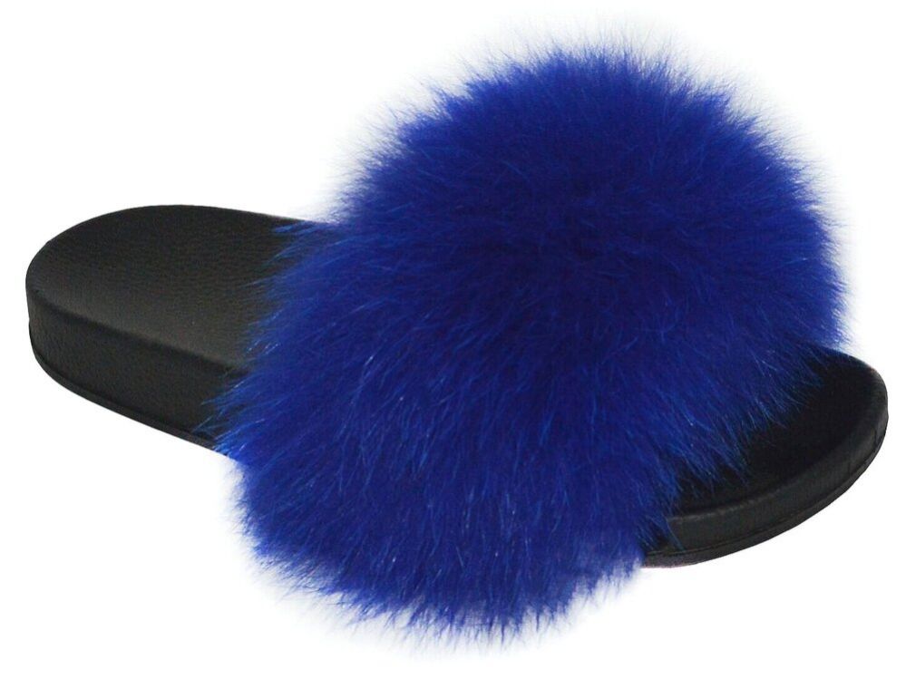 12 Wholesale Womens Sliders Plush House Slippers Flat Sandals Fuzzy Open Toe Slippers In Blue