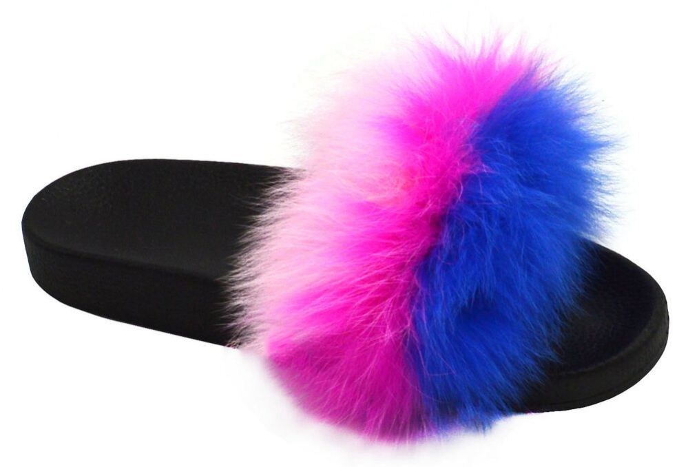 12 Wholesale Womens Sliders Plush House Slippers Flat Sandals Fuzzy Open Toe Slippers In Fuschia  Multi Color