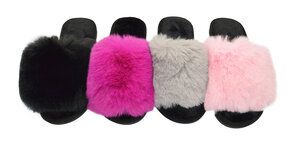 36 Wholesale Womens Sliders Plush House Slippers Flat Sandals Fuzzy Open Toe Slippers In Assorted Color