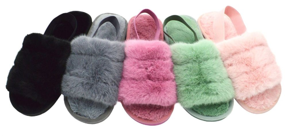 36 Wholesale Woman Faux Fur Fuzzy Comfy Soft Plush Open Toe Indoor Outdoor Spa Bedroom Slipper With Strap